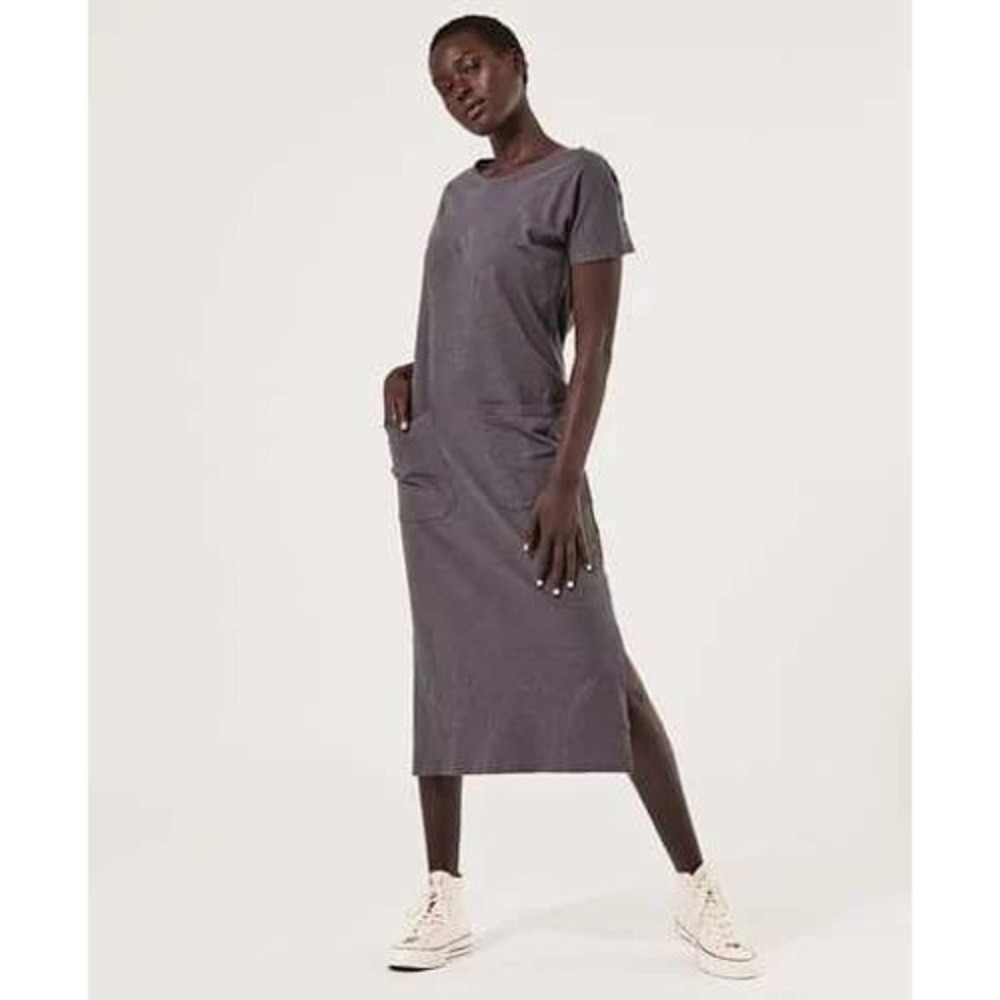 Pact Organic Cotton Midi T-Shirt Dress M Charcoal Gray Pocket Side Slit Casual
